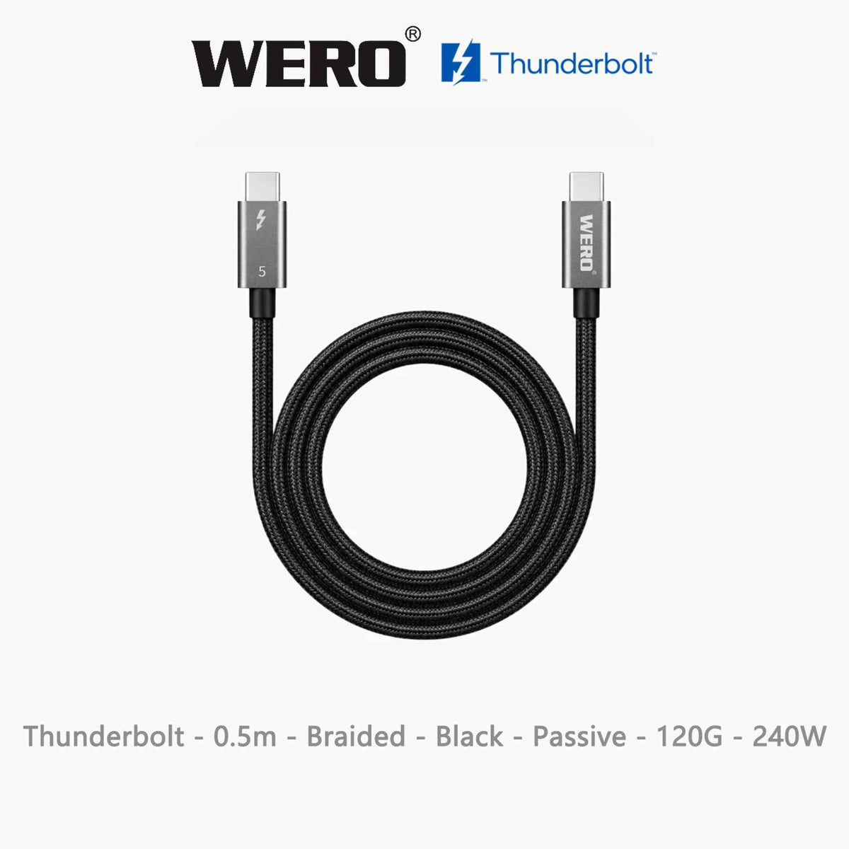 WERO Intel Certified Thunderbolt 5 Braided Passive Cable Aluminum Housing 120Gbps 240W EPR PD USB-C to Type-C Cord DP2.1 8K Video, 0.5M/0.8M/1M Black White for TB5 MacBook Pro, External SSD, Docking Station, Video Editing Workstation