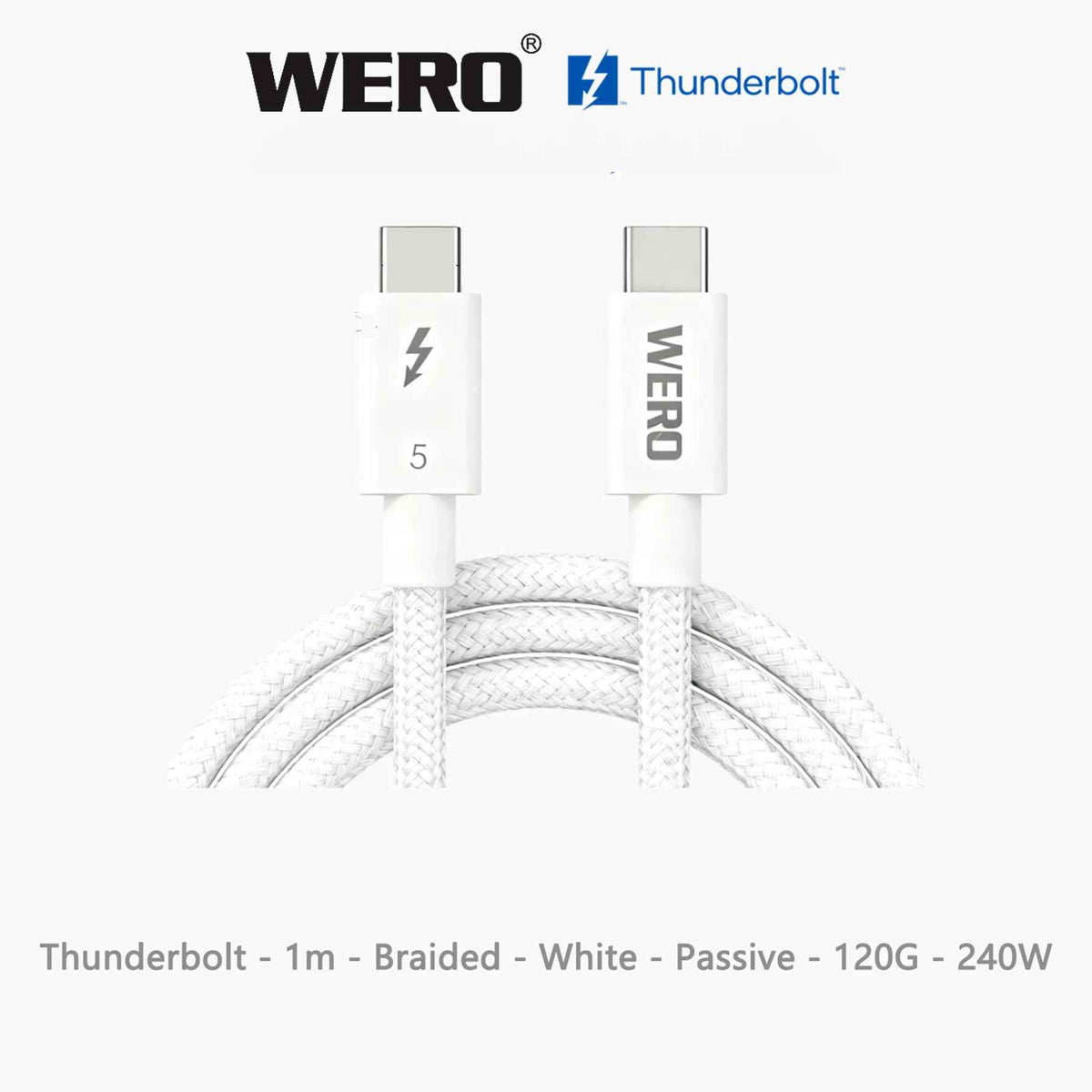 WERO Intel Certified Thunderbolt 5 Braided Passive Cable Aluminum Housing 120Gbps 240W EPR PD USB-C to Type-C Cord DP2.1 8K Video, 0.5M/0.8M/1M Black White for TB5 MacBook Pro, External SSD, Docking Station, Video Editing Workstation