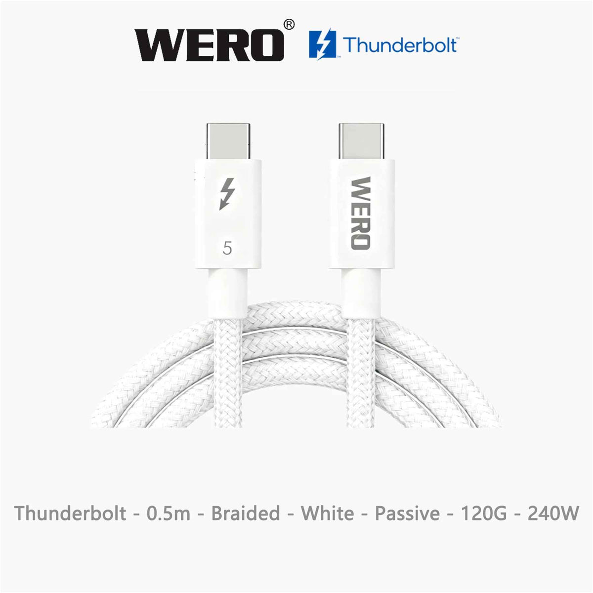 WERO Intel Certified Thunderbolt 5 Braided Passive Cable Aluminum Housing 120Gbps 240W EPR PD USB-C to Type-C Cord DP2.1 8K Video, 0.5M/0.8M/1M Black White for TB5 MacBook Pro, External SSD, Docking Station, Video Editing Workstation